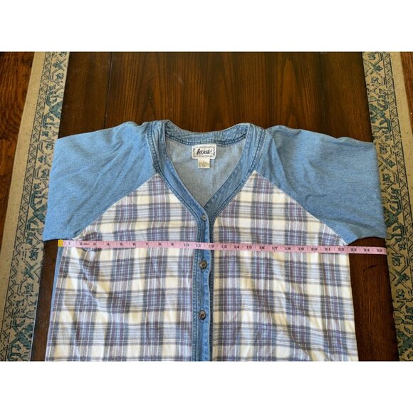 Lajate Denim & Plaid Flannel Button Down Shirt Shacket Womens Large 80s Vintage - Picture 8 of 9